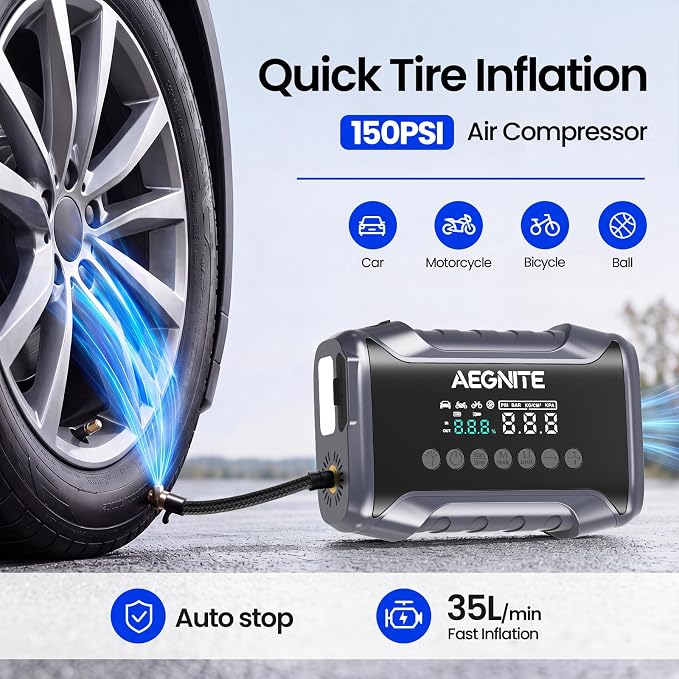 Jump Starter with 150PSI Air Compressor, Multi-Functional Portable Car Battery Booster for Vehicle Battery Jump Start, 4 in 1 Tire Inflation, Device Charging and LED Light