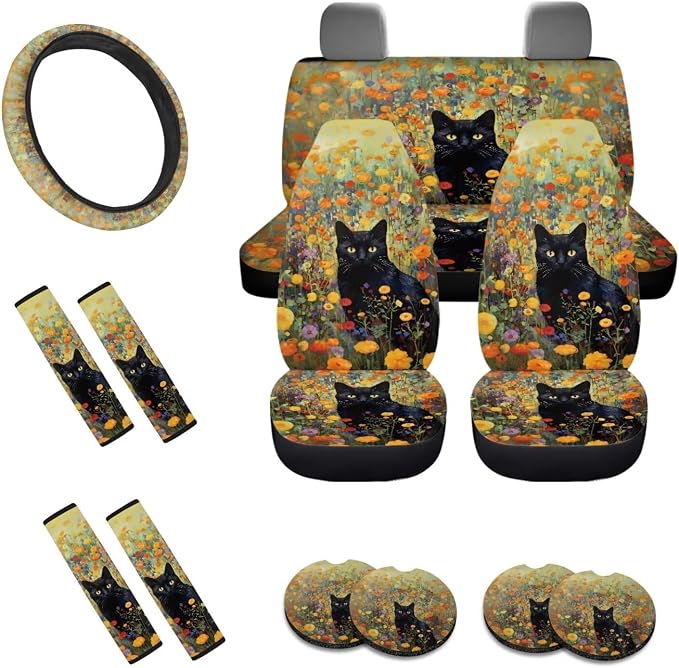 Cat Flower Print Car Interior Accessories Pack of 13, Car Seat Covers Full Set with Anti Slip Backing + Steering Wheel Cover + Seat Belt Pads + Coasters Interior Covers for SUV Truck Van