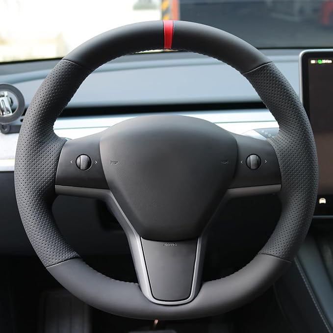 MEWANT DIY Hand Sew Black Genuine Leather Steering Wheel Cover Wrap for Tesla Model Y 2020-2023 Model 3 2017-2023