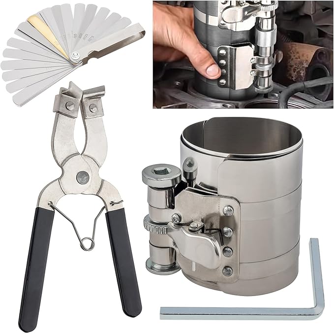 3inch Car Engine Piston Ring Compressor Tool Piston Installer Plier with Wrench and Feeler Gauge, Adjustable Sizes From 2-1/8 Inches To 7 Inches, Piston Ring Installer Removal Kit