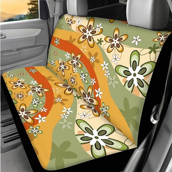 Hippie Floral Design Car Seat Cover Full Set for Women, Car Steering Wheel Cover Auto Center Console Pad Seat Belt Pads, Universal Automotive Interior Accessories Set of 8