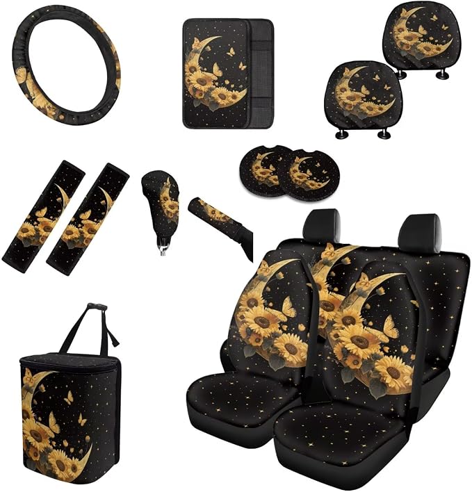 Gold Moon Sunflower Butterfly Car Seat Covers Full Set 15 Pcs Universal Car Accessories Steering Wheel Cover Seat Belt Pads Garbage Bag Car Headrest Pillow Covers Armrest Pad