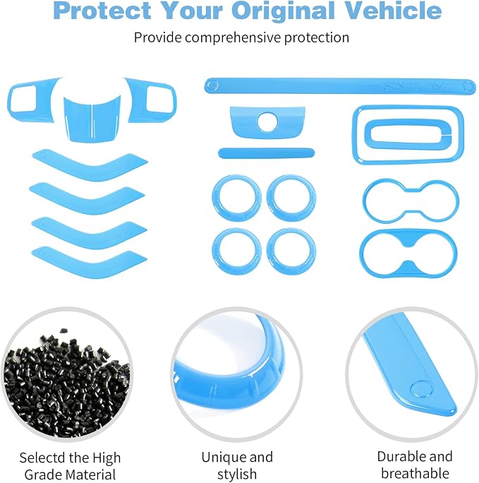 CheroCar 18PCS Interior Trim Kit for Jeep Wrangler JK JKU 2011-2018 4 Door,Steering Button Frame, Air Conditioning Vent Trim Cup Holder Cover,Gear Shift Knobs Frame,Ligth Blue…