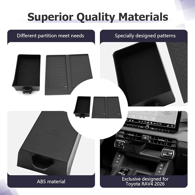 LUWU for 2026 RAV 4 Accessories Compatible with 2026 RAV 4 Center Console Organizer Armrest Console Secondary Storage Box Insert Tray & Center Console Wireless Charging Mat ABS Material Black 2-Pack