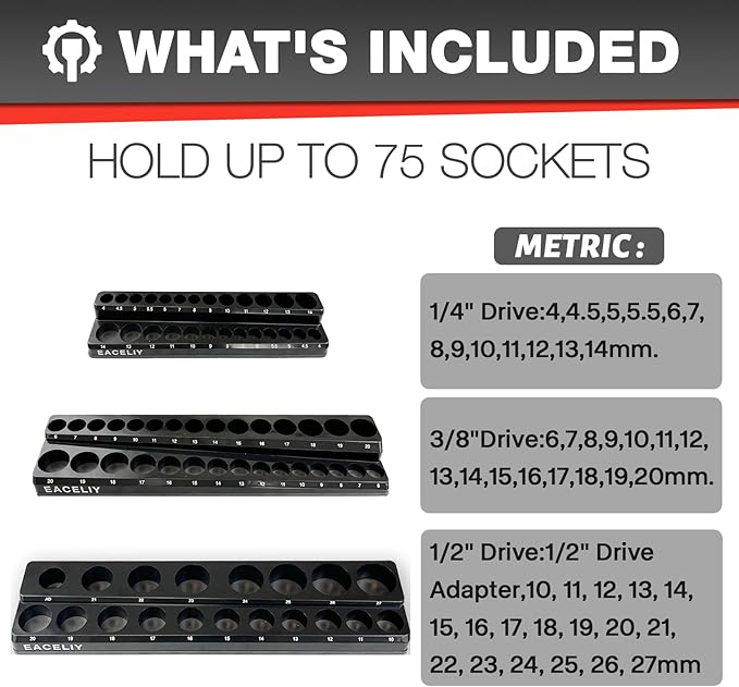 EACELIY 3Pcs 1/2", 1/4" and 3/8" Magnetic Socket Organizer Set,Metric Socket Holder Kit, Socket Trays，holds 75 Deep and Shallow 3/8" Sockets(sockets not included)