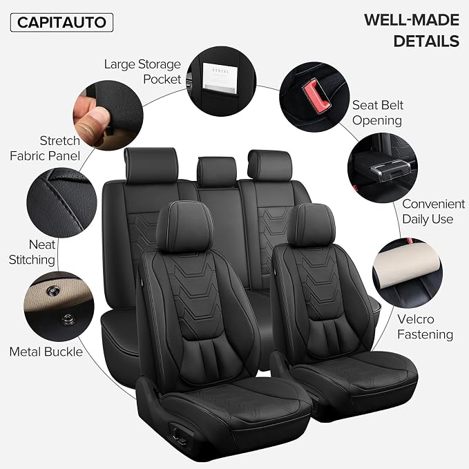 CAPITAUTO Car Seat Covers Full Set, Black Seat Covers for Car with Lumbar Support, Faux Leather Waterproof Seat Covers 5 Seats, Breathable Automotive Seat Covers Fit for Most Cars SUV Truck