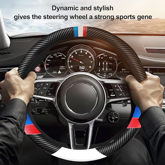 Carbon Fiber Leather Sport Car Steering Wheel Cover Sports Steering Wheel High-Grade Leather Set Stylish Non-Slip Leather car Interior 15 inches for All Car Steering Wheel Cover