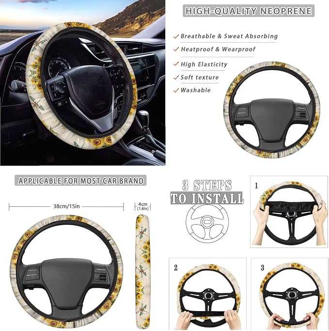 Xoenoiee Dragonfly and Sunflower Pattern Car Seat Covers and Accessories, Front Rear Seat Covers, Steering Wheel Cover, Seat Belt Pads, Coasters, Keychains for Car SUV Decor, 11 PCS Set