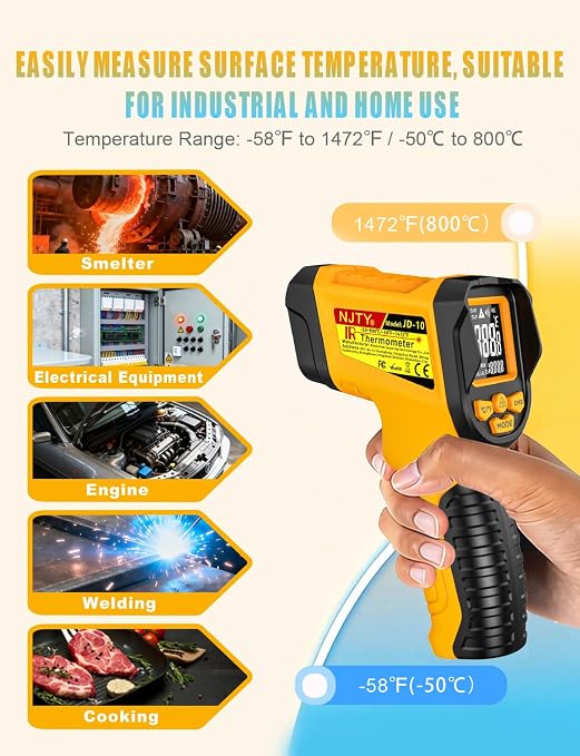 NJTY Infrared Thermometer Gun, -58℉ to 1472℉, High Precision, Non-Contact Laser Temperature Sensor with Backlit LCD, for Cooking, BBQ, Automotive, Industrial Use