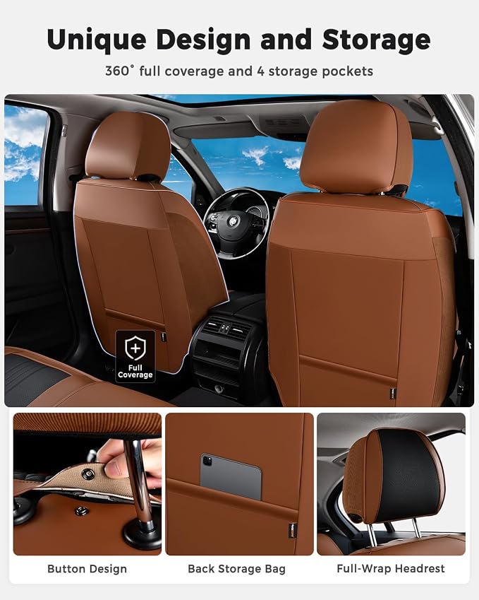 Huidasource Car Seat Covers Full Set, Luxury Faux Leather Seat Covers, Velcro Adjustable, with Airbags, Thinning Design Perforation Cooling＆Heating, Fit for Most Cars, Vans, Trucks, SUVs, Brown&Black