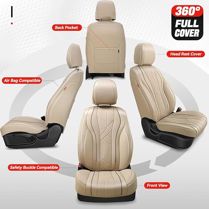 Auto Dynasty Car Seat Covers Full Set, Anti-Slip Automotive Interior Covers with Storage Pocket, Breathable Car Seat Protectors, Airbag Compatible, Universal Fit Most Vehicles, Beige (Touring Series)