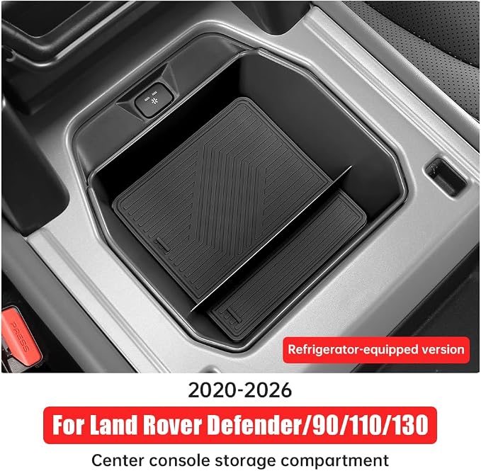 Armrest Storage Box for 2020-2025 2026 Land Rover Defender 90 110 130 Central Console Organizer Tray Bag Protective Pad Decorative Modification Accessories (Refrigerator-Equipped Version/Black)