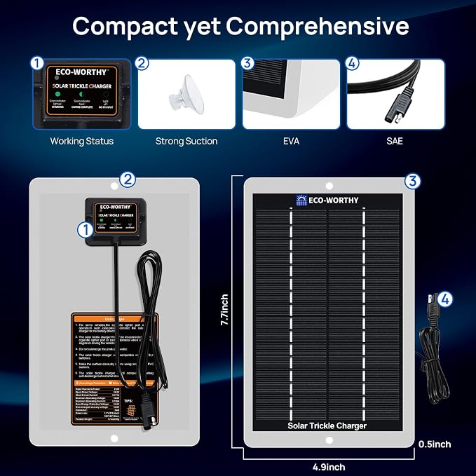 ECO-WORTHY 2.5W Solar Car Battery Charger Maintainer 12V Waterproof Solar Panel Portable Solar Trickle Charger for Car Truck Boat Lawn Mower RV Trailer Tractor Utility Vehicle Battery