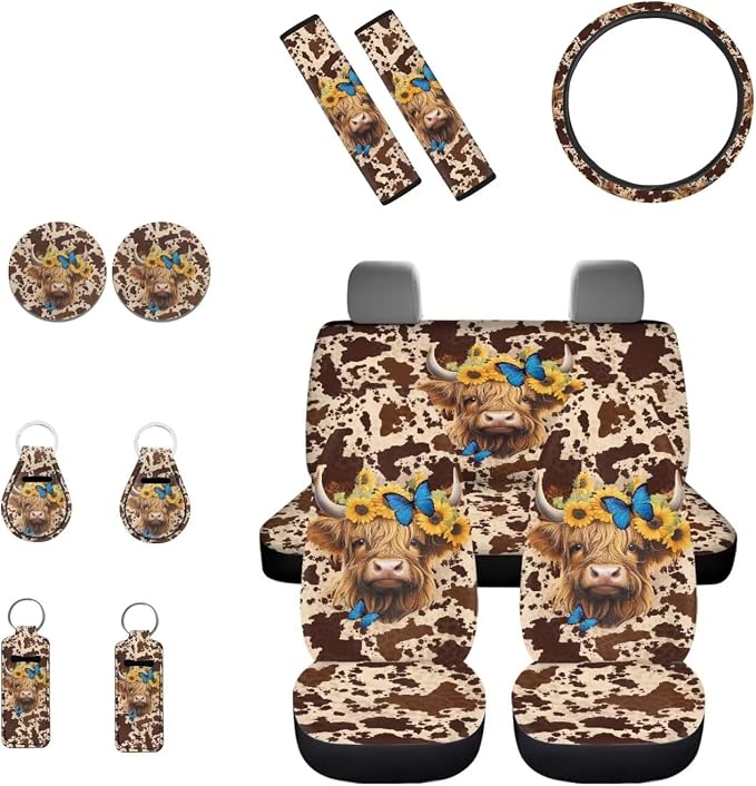 INSTANTARTS Highland Cattle Car Front Rear Seat Covers Auto Protector Steering Wheel Cover + Cup Mat Pad + Lip Balm Holder + Key Chain + Seat Belt Cover