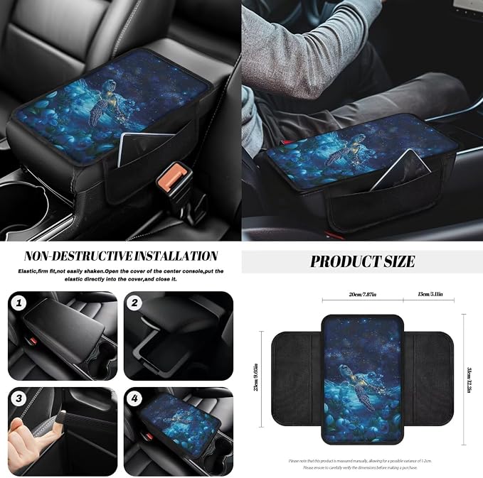 Sea Turtle Print Car Seat Cover Sets Full Set Flower Print High Back Seat Covers with Steering Wheel Cover Armrest Cushion Safety Belt Pads Trash Can for Truck Sedan SUV, Blue