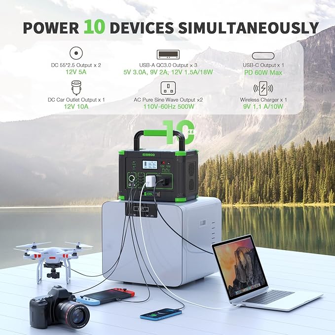 EBL 519Wh Solar Generator Kit 500W(Peak 1000W) Portable Power Station with 100W 20V Solar Panel, Backup Battery Power Supply for RV/Van Camping Fishing Climbing Road Trip Home Use