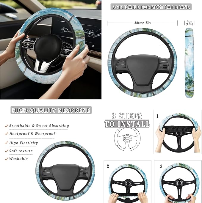 Tropical Palm Beach 15 PCS Car Seat Cover Set with Auto Steering Wheel Cover Seat Belt Strap Protector Cup Holder Trash Bag Rear View Mirror Protector Keychain