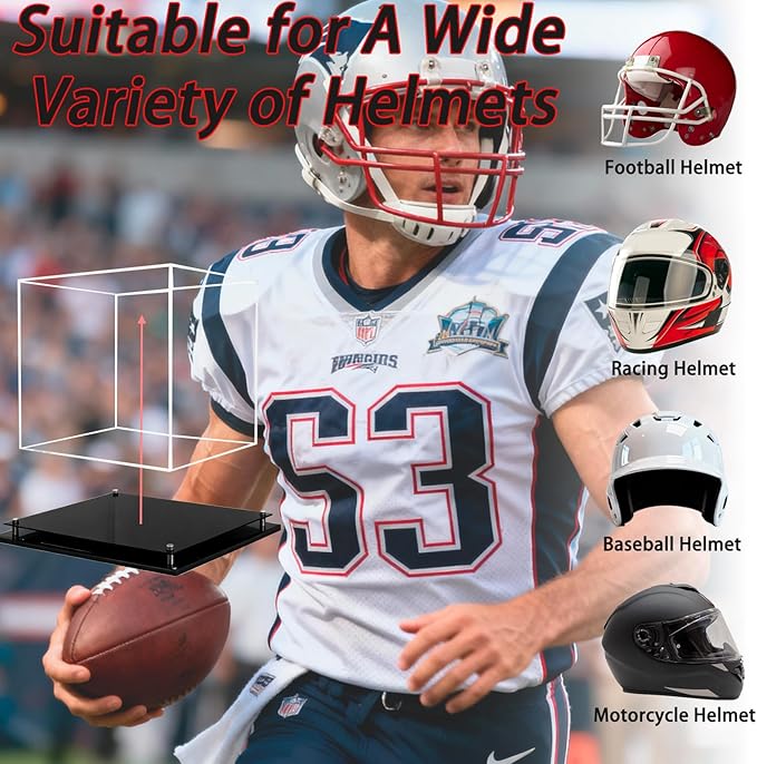 Football Helmet Display Case, Crystal Clear Acrylic Showcase with Stainless Steel Screw Feet, Helmet Case with Black Protection Holder Base, Self-Assembly Dust-Proof Helmet Case for Sports Memorabilia