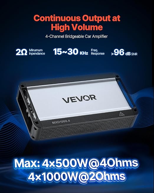 VEVOR 4 Channel Car Audio Amplifier 2 Ohm Stable Bridgeable Class D Full Range Amp Max Power 4 x 500W @ 4 Ohm / 4 x 1000W @ 2 Ohm for Car SUV Truck Off-Road