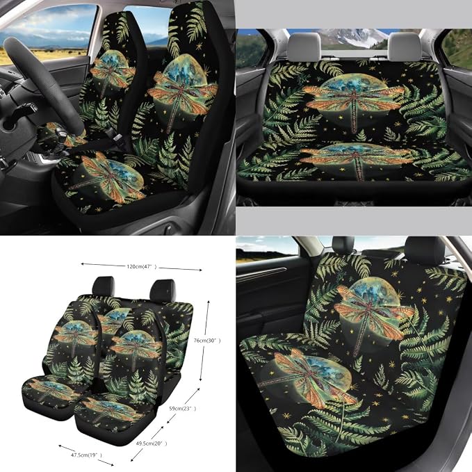Moon Dragonfly Leaf Print Car Accessories Set Car Seat Covers Steering Wheel Cover Seatbelt Strap Pad Trash Cans Air Vent Storage Bag Coasters Rearview Mirror Cover Keychain 15 Pack
