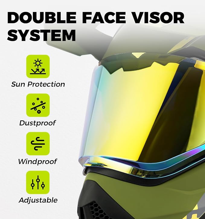 Orthrus Dual Sport Adventure Motorcycle Helmet DOT Certified for Adults, UV Protected Dual Visor & Intercom Slot, ATV UTV Dirt Bike Snowmobile Off Road Helmets