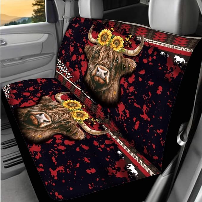 BIGCARJOB 15 Pack Highland Cow Print Car Seat Covers Set Tribal Print Auto Seat Headrest Cover Universal Steering Wheel Cover Car Trash Can Hanging Auto Interior Accessories Set