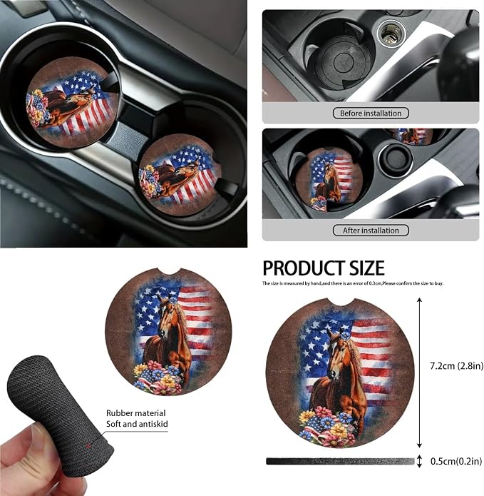 Horse American Flag Daisy Print Car 15pcs Accessories, Front and Back Seat Covers for Cars Steering Wheel Cover Seat Belt Cover Trash Can Coasters Universal Fit