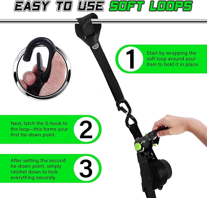 Retractable Ratchet Straps (2pk) -Patented | 1.5 in x 16 ft Heavy Duty Auto Ratchet Straps with Soft Loops | Perfect Automatic Tie Downs for Motorcycle,Kayak and Truck | Break Strength 5,000LBS/2268KG