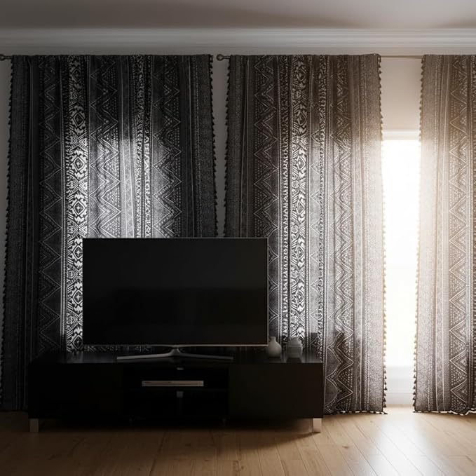 ColorBird Boho Curtains Grey Farmhouse Light Filtering 63 Inch 2 Panles MCM Western Striped Aztec Window Treatment Patterned Drapes for Living Dining Room Bedroom Kitchen Boho Chic Decor