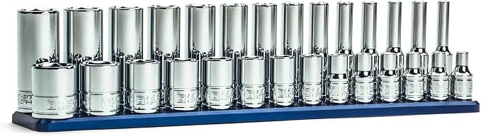 Capri Tools 1/4 Drive Shallow and Deep Chrome Sockets Set, 6-Point, 4 to 15 mm, Metric, 28-Piece with Billet Aluminum Socket Rail