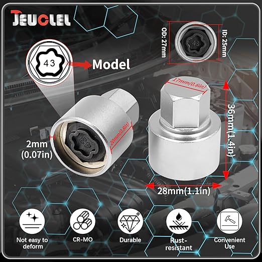 043 Wheel Locking Nut Key Compatible with BMW Series, Socket OD 27mm - ID 25mm, Nut Adapter, Anti-Theft Lug Nut Removal Tool