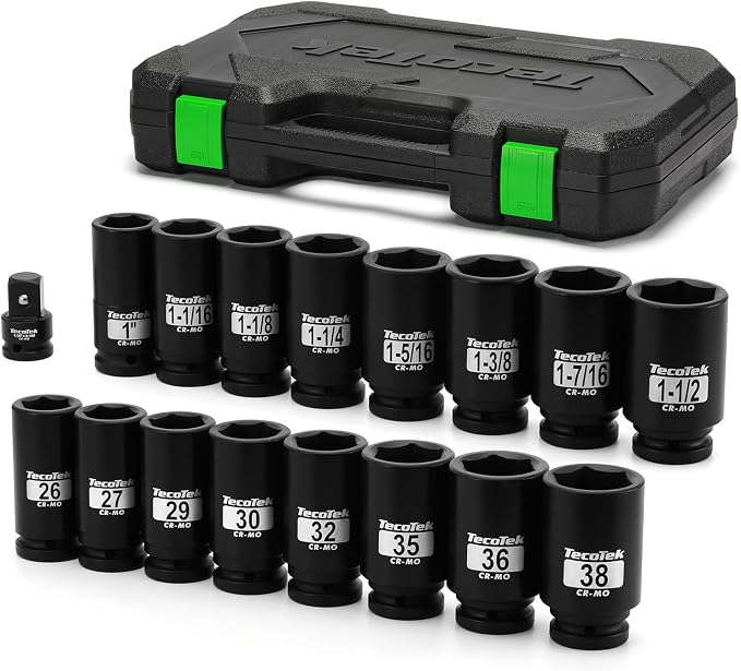 TecoTek 3/4" Drive Deep 6-Point Impact Socket Set, 17-Piece Jumbo Assortment, Cr-Mo, SAE (1-Inch to 1-1/2-Inch) and Metric (26mm to 38mm), 1/2" F to 3/4" M Impact Socket Adapter