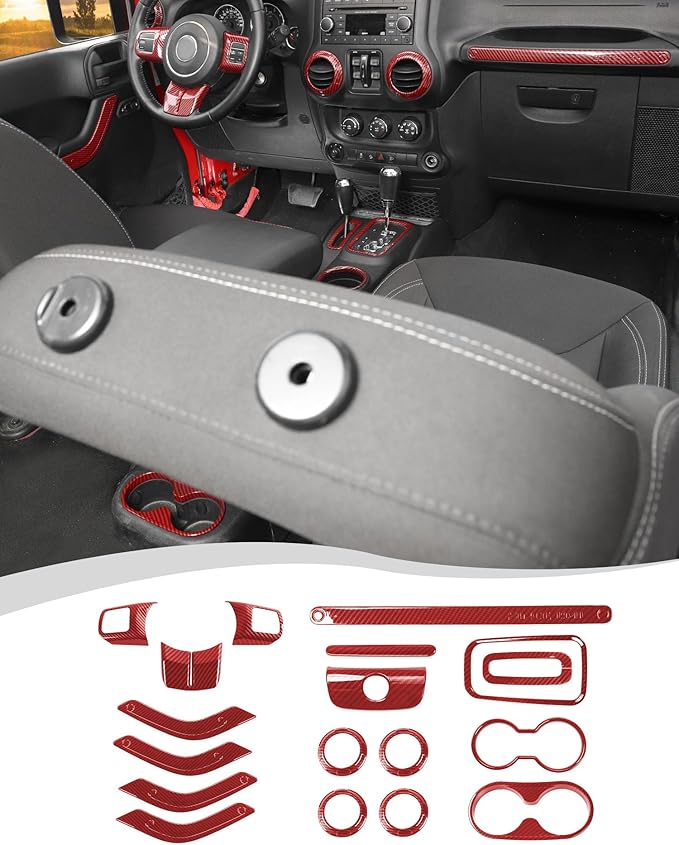 Hoolcar Steering Wheel Cover Gear Shift Panel Trim Cover Water Cup Holder Cover Kit Interior Accessories Kit Fit for Jeep Wrangler JK JKU 2011-2018, 4-Door, Red Carbon Fiber