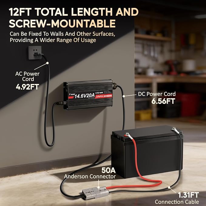 12V 20A Lithium Battery Charger 14.6V LiFePO4 Battery Charger with Anderson Connector for Deep Cycle Batteries of RV, Boat, Off-Grid and Solar Systems