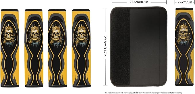 9 Piece Skull King Print Auto Car Seat Cover Set Stretchy Car Seat Cover for Front Rear Seat Cover with Steering Wheel Cover Seat Belt Pads, Yellow