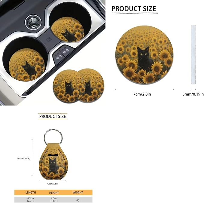 Suobstales Cat Sunflower Print Car Accessories with Car Front Rear Split Seat Covers, Seat Belt Pads + Steering Wheel Cover + Coaster + Keyrings for Women Men Set of 11-Pcs