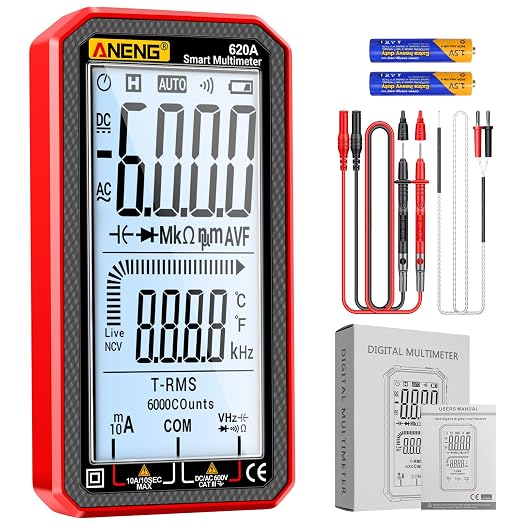Digital Multimeter, Voltmeter Smart Electrical Tester 6000 Counts with LCD, Measures AC/DC Current, Voltage, Resistance Temperature for Electricians DIY (620A Red)