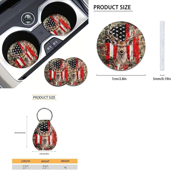 Xoenoiee Hnting Deer Flag Forest Camo Pattern Universal Car Seat Covers Full Set 11-pcs Car Interior Accessories, Car Coasters, Keychain, Steering Wheel Cover, Seat Belt Pad, 4th of July Flag
