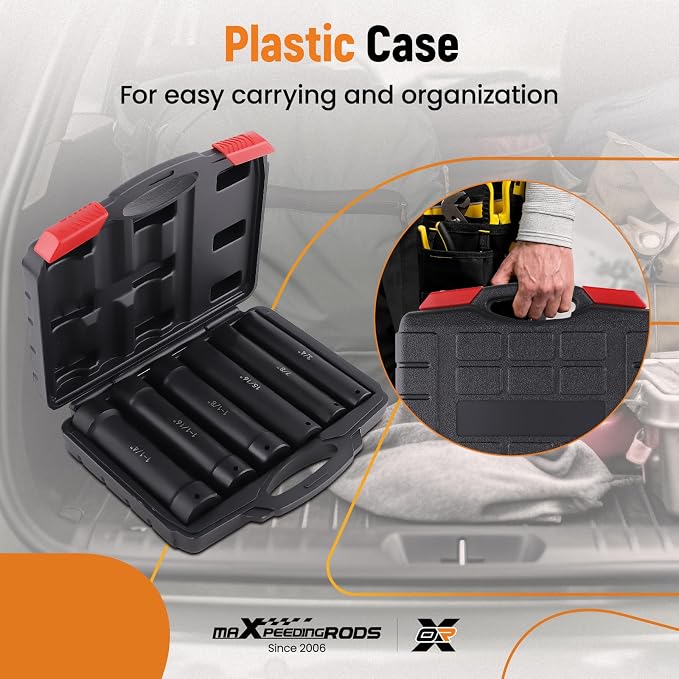 maXpeedingrods 1/2 Inch Drive Extended Length Impact Socket Set, 6Pcs Extra-Deep Length Extra-Deep Impact Set Heavy Duty with Case, 6 Sizes - Hex Sizes 3/4", 7/8", 15/16", 1-1/16”, 1-1/8", 1-1/4"