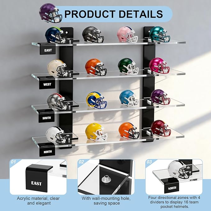 CHEPULA Wall Mount Mini Football Helmet Display Rack, Clear Acrylic Pocket Helmet Storage Stand with Hardware, Ideal Gift for Sports Fans, 11.81" x 10.6" x 2.83"(Clear)