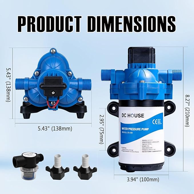 DC HOUSE 33 Series 12V RV Water Pump 3.5GPM 45PSI, 3-Chamber Diaphragm Pump with Built-in Pressure Switch, Quiet Self-Priming Demand Pump for Camper, Boat, Cabin, Off-Grid System