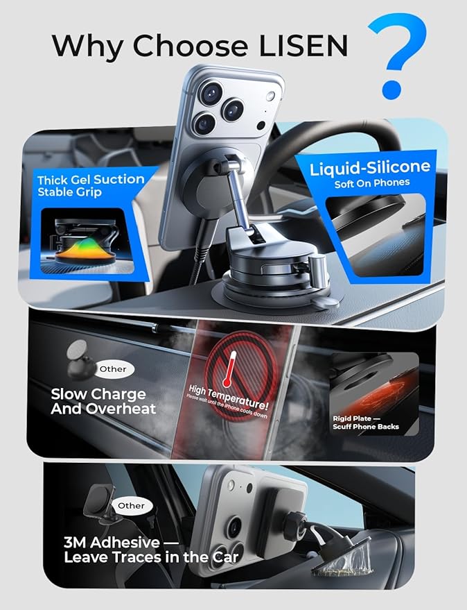 LISEN 15W Magsafe Car Mount Charger, Magnetic Wireless Car Charger, Suction Phone Mount, Vacuum Magnetic Phone Holder for Car Charger for iPhone 17 Pro Max 16 15 14 13 12, Samsung S26/S25,Pixel 10 Pro