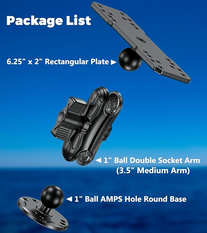 VAZESWIN Aluminum Alloy Fish Finder Mount with B Size 1" Ball Rectangular Plate & Round Base, 3.5" Medium Arm Marine Electronic Mount Compatible with Garmin, Lowrance, Humminbird, Raymarine and More