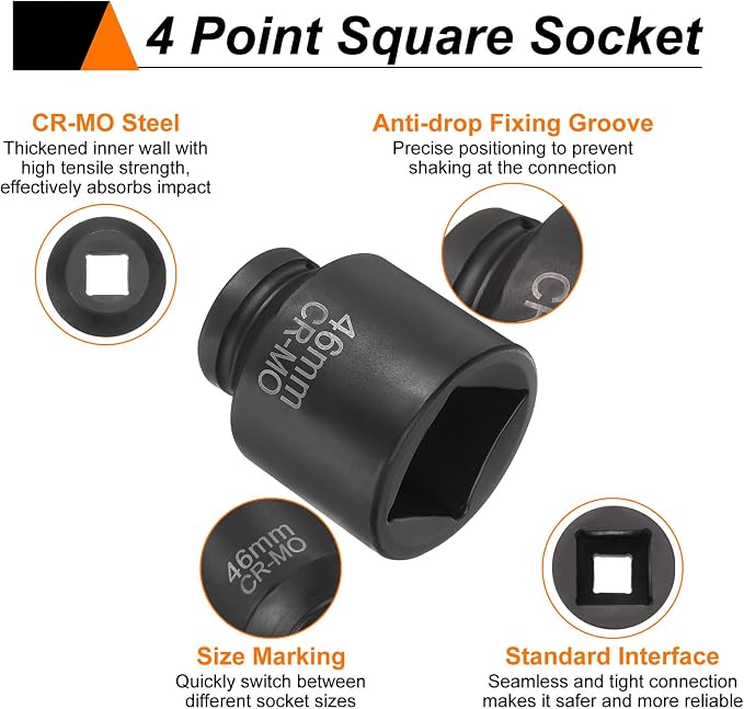 HARFINGTON 3pcs 4 Point Square Socket 1" Drive 46mm Metric Square Impact Socket CR-MO Blackening Standard Wheel Sleeve Pneumatic Sleeve Tool for Auto Repair Mechanical Maintenance Home Use