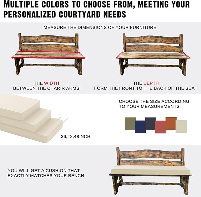 Outdoor Bench Cushion 4 inches Memory Foam Waterproof Patio Furniture Bench Cushion Porch Swing Cushion with Handle and Adjustable Strap, 36 x 18 Inch Cream