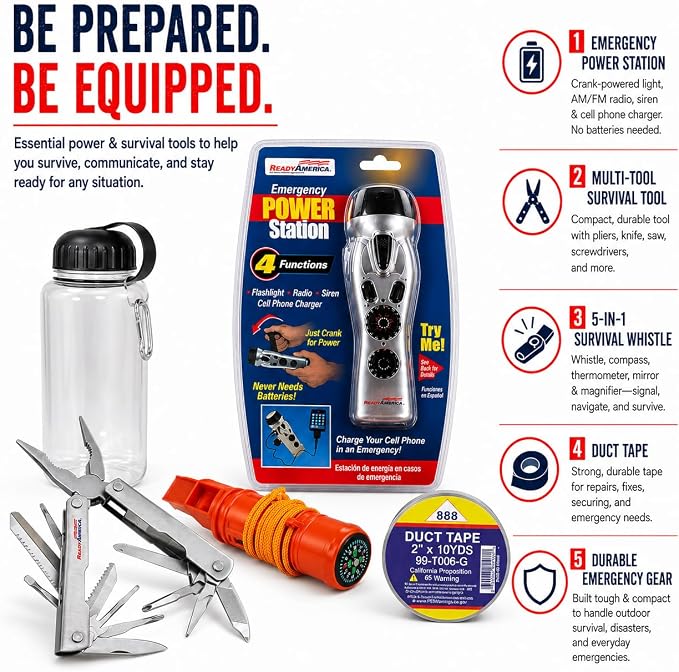 Ready America 72 Hour Deluxe Emergency Kit, 2-Person 3-Day Backpack, First Aid Kit, Survival Blanket, Power Station, Emergency Food, Portable Disaster Preparedness Go-Bag for Earthquake, Fire, Flood