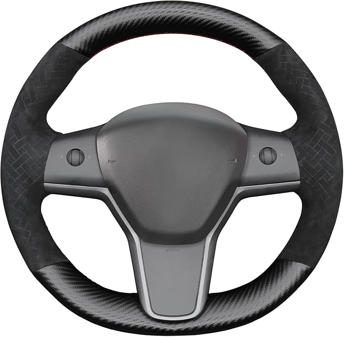 MEWANT Hand Stitch Matte PU Carbon Fiber Embossed Suede Steering Wheel Cover for Tesla Model Y 2023 Model 3 2017-2023