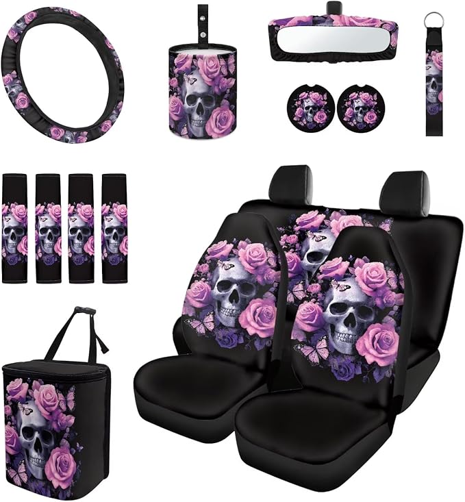 15 Pcs Pink Rose Skull Auto Interior Accessories Car Seat Covers with Auto Steering Wheel Cover Seat Belt Covers Car Trash Can View Mirror Cover Coaster Keychains
