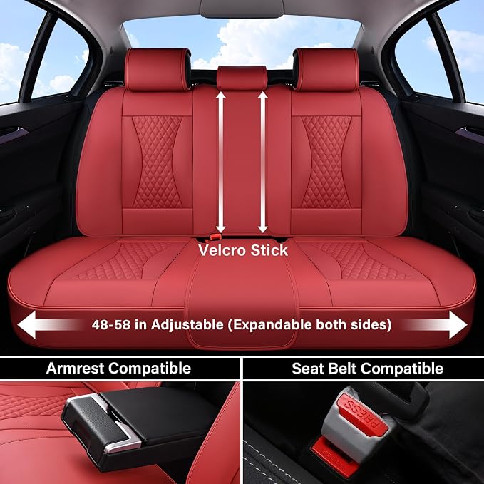 Coverado Waterproof Nappa Leather Car Seat Covers Full Set 5-Seat Car Seat Protector Front & Rear Cushions Fit for Most Sedans SUVs Pick-up Trucks Red