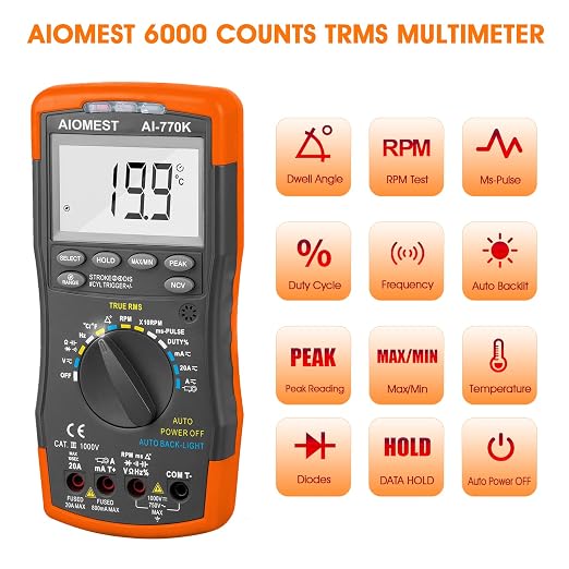 Automotive Multimeter Engine Analyzer, AIOMEST Digital DMM Meter AI-770K to Measure Car Dwell Angle, RPM Tach, Injection Pulse, AC/DC Amp Voltage Ohm True-RMS 6000 Count Multi Tester